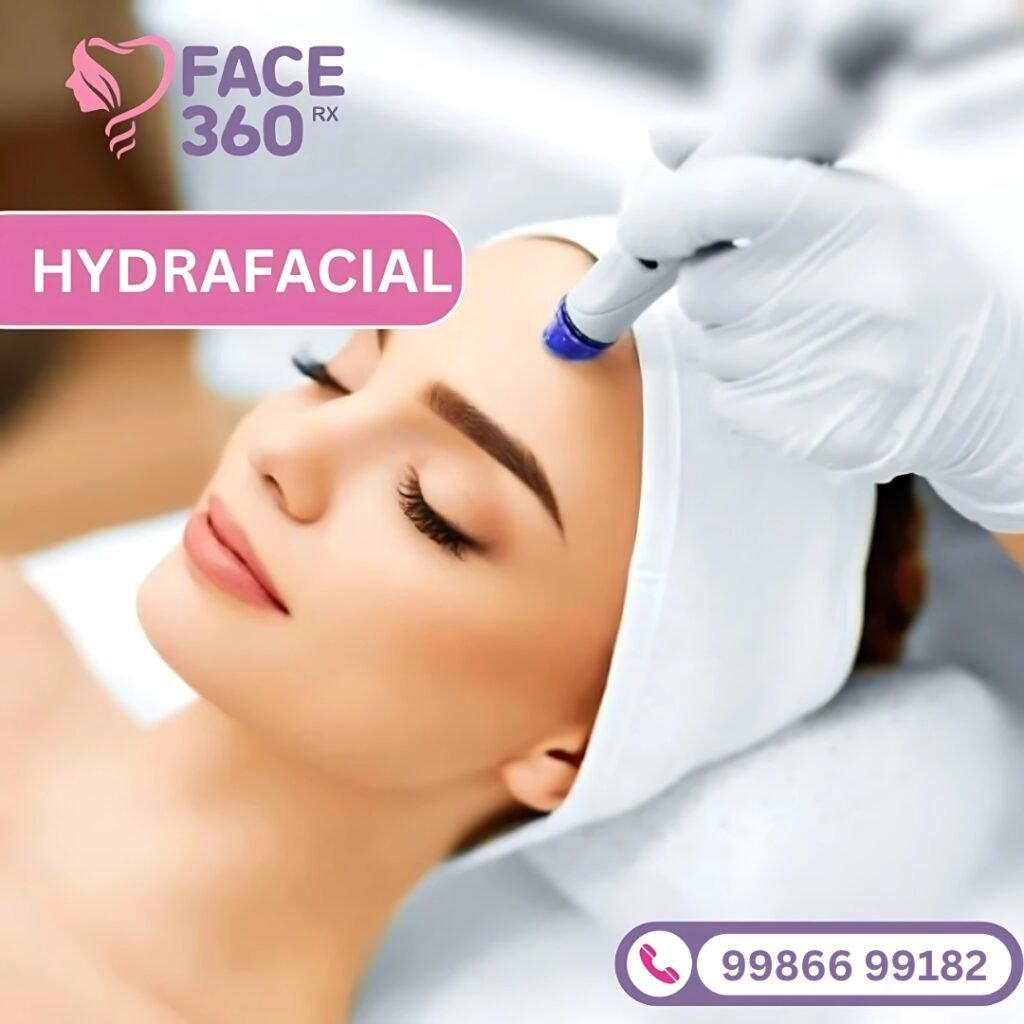 A woman with fair skin and closed eyes receiving a HydraFacial treatment on her forehead with a handheld device, promoting HydraFacial by FACE 360 RX.