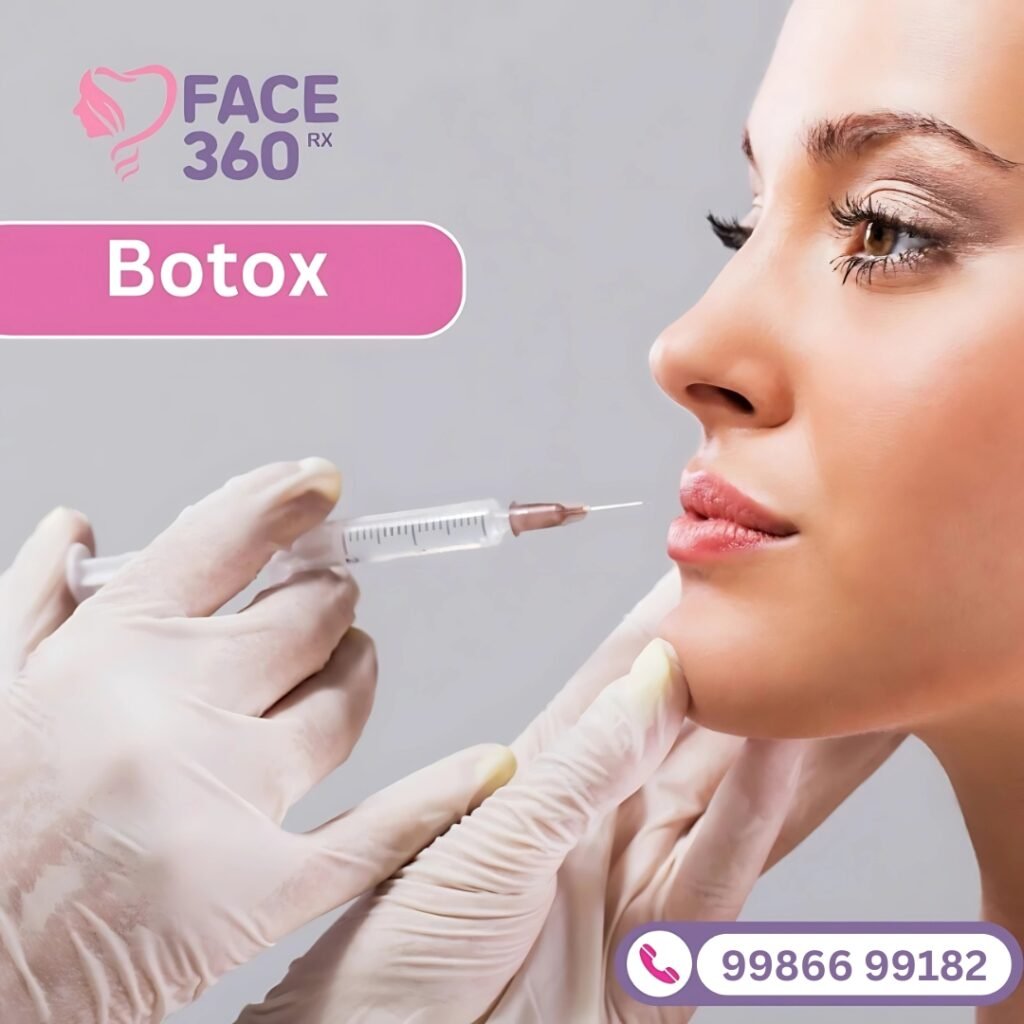 A woman receiving a Botox injection near her lips, promoting Botox by FACE 360 RX.