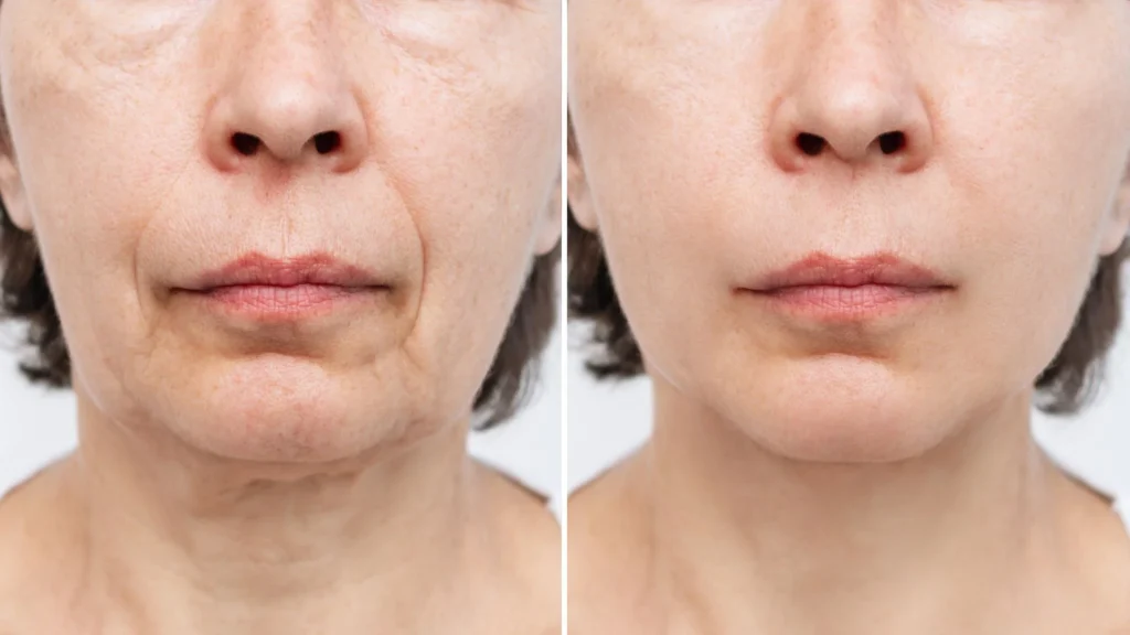 "Before and after results of sagging skin treatment, showcasing improved skin tightness and rejuvenation."