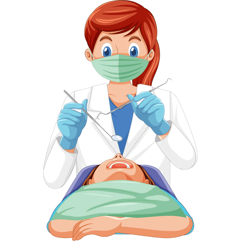A cartoon illustration of a female dentist wearing a white coat, blue gloves, and a green mask examining a patient lying in a dental chair with their mouth open.
