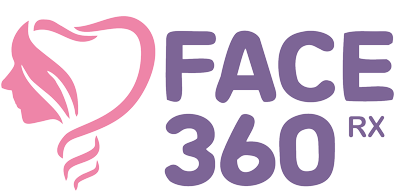 The FACE 360 RX logo, featuring a stylized pink silhouette of a woman's face within a heart shape connected to flowing lines, next to the purple text "FACE" above a larger purple "360" with a smaller purple "RX" superscript.