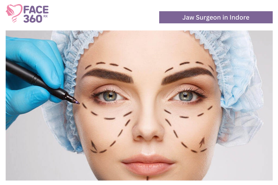 A woman's face is marked with dotted lines and arrows for cosmetic procedures by a gloved hand holding a marker. The "FACE 360 RX" logo is in the top left, and a banner at the top right reads "Jaw Surgeon in Indore."