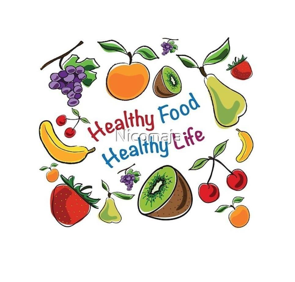 A colorful illustration of various fruits and vegetables (grapes, oranges, kiwi, pears, strawberries, bananas, cherries) surrounding the text "Healthy Food Healthy Life".