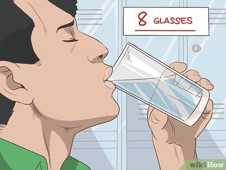 A cartoon illustration of a man drinking from a glass of water, with a text box above his head that reads "8 GLASSES," and "wikihow" in the corner, illustrating a daily water intake recommendation.