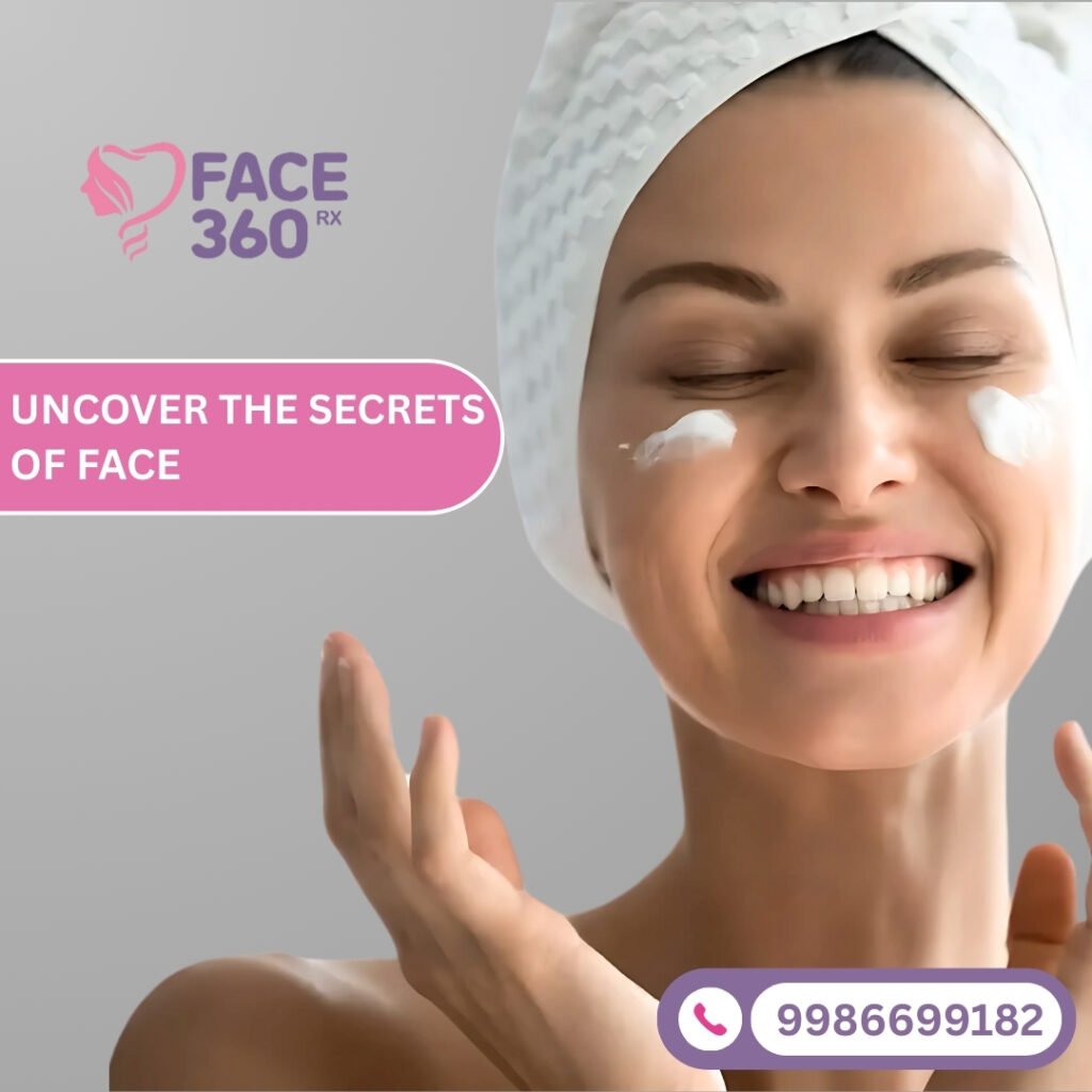 A smiling woman with a towel wrapped around her head and cream on her cheeks, promoting FACE 360 RX with the text "Uncover the Secrets of Face."